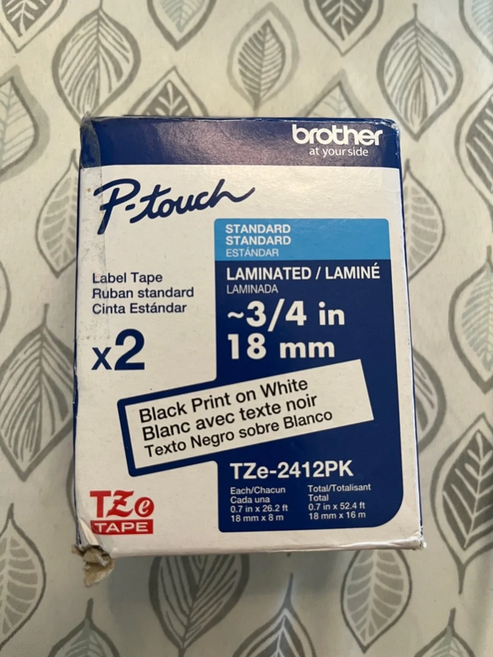 Brother P-touch Laminated Label Tape — White with Black Print